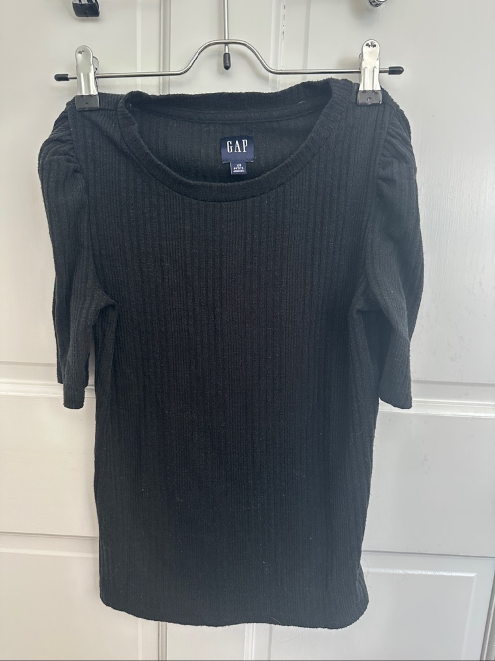 GAP Black Ribbed Short Sleeve Top with Slight Puff Shoulders